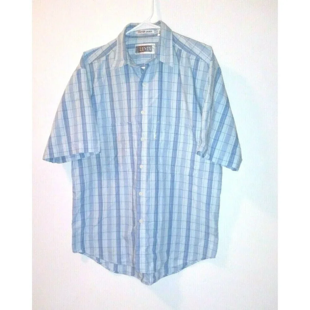 Levi's Silver Label Shirt Mens Size M Vintage light Blue plaidchecks poly-cotton